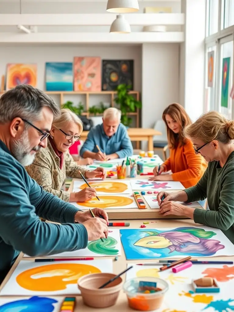 A vibrant photograph capturing participants engaged in a collaborative art workshop at LE JARDIN COSMIQUE, showcasing diverse age groups and artistic expressions.