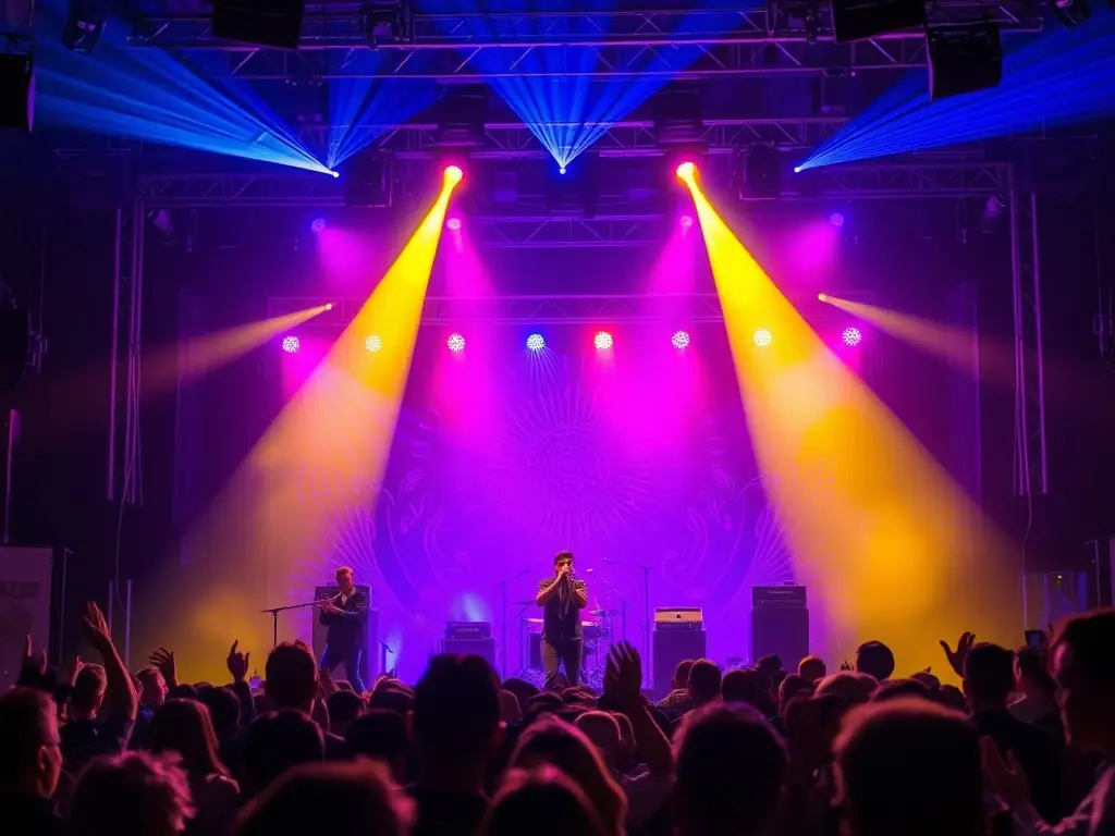 A photograph showcasing a live performance event organized by LE JARDIN COSMIQUE, featuring musicians and performers on stage, with an enthusiastic audience enjoying the show.
