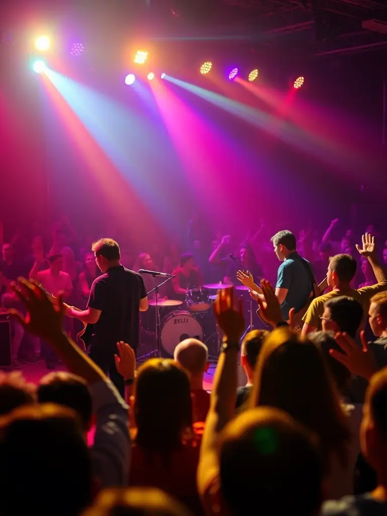 A dynamic image of a live performance event organized by LE JARDIN COSMIQUE, featuring musicians and performers on stage with an engaged audience.