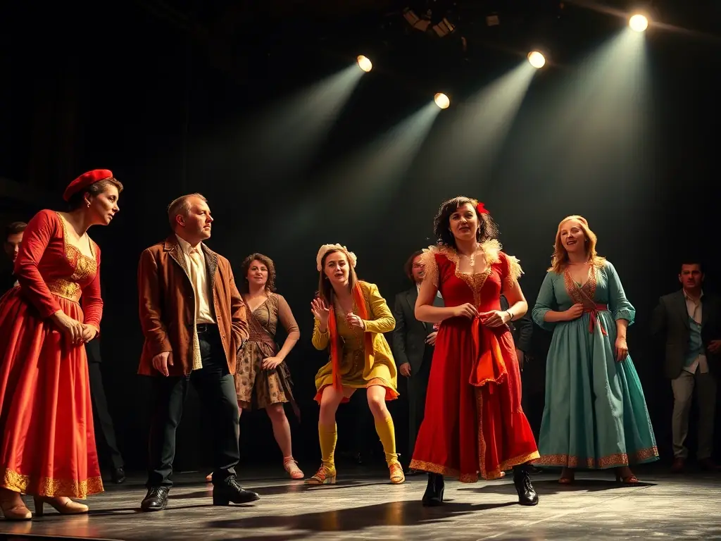 A stage with performers during a theatrical play, showcasing dramatic lighting and costumes.