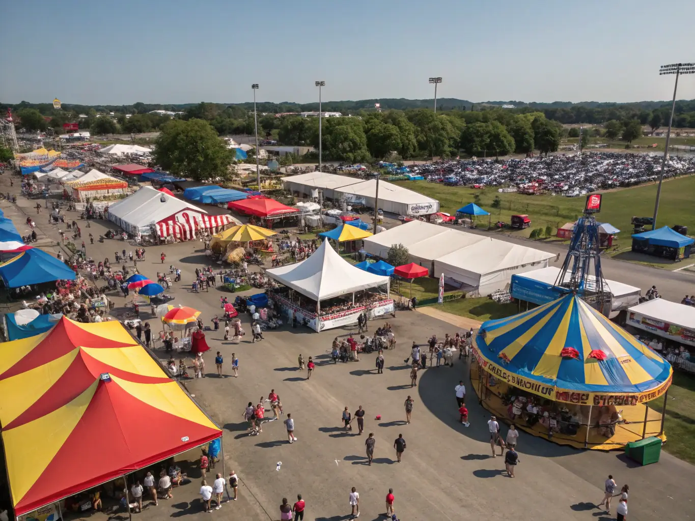 A vibrant outdoor festival scene with people enjoying music and art under colorful tents.
