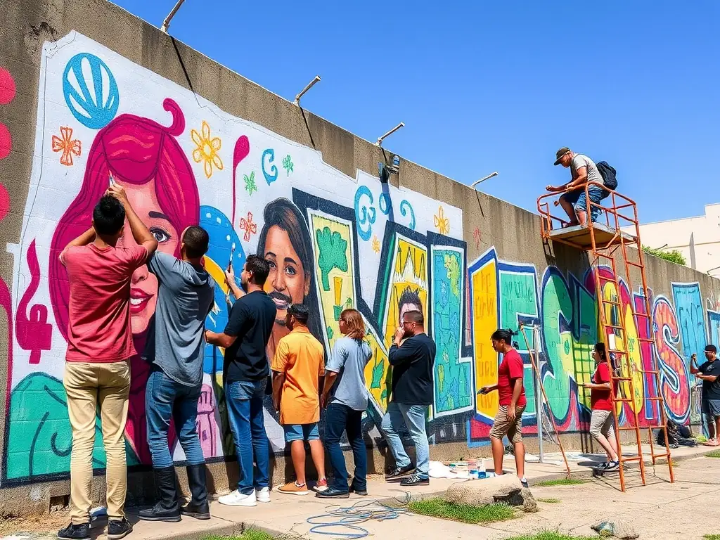 An image of a collaborative art project, such as a mural or sculpture, created by community members under the guidance of LE JARDIN COSMIQUE, symbolizing the organization's commitment to collaborative art.