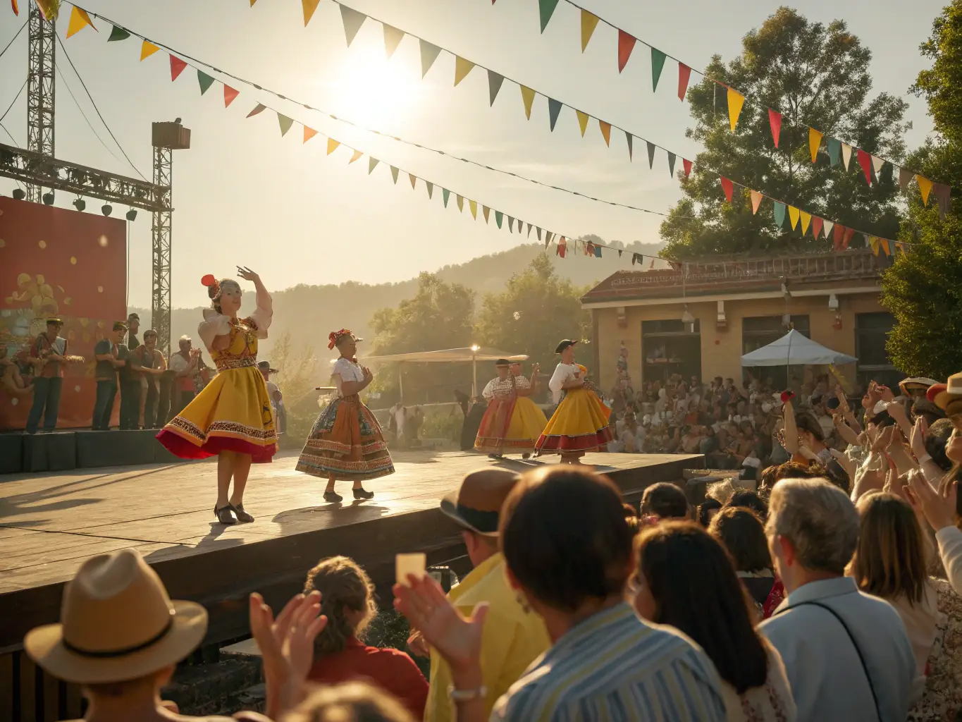 A photograph showcasing a live performance during a LE JARDIN COSMIQUE cultural festival, featuring musicians and dancers.