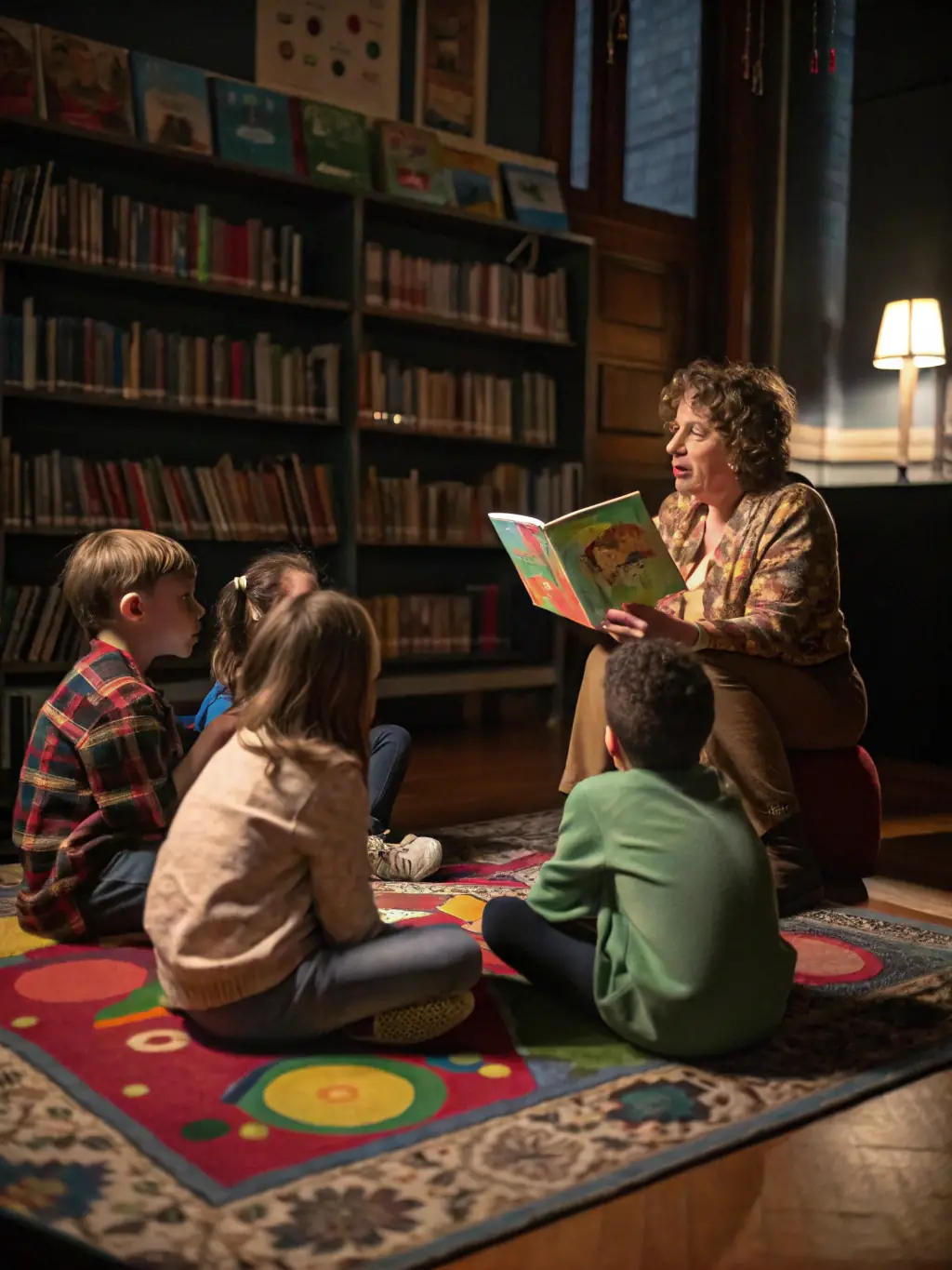 A captivating photo of children participating in a storytelling session at a local library, supported by LE JARDIN COSMIQUE's literacy program.