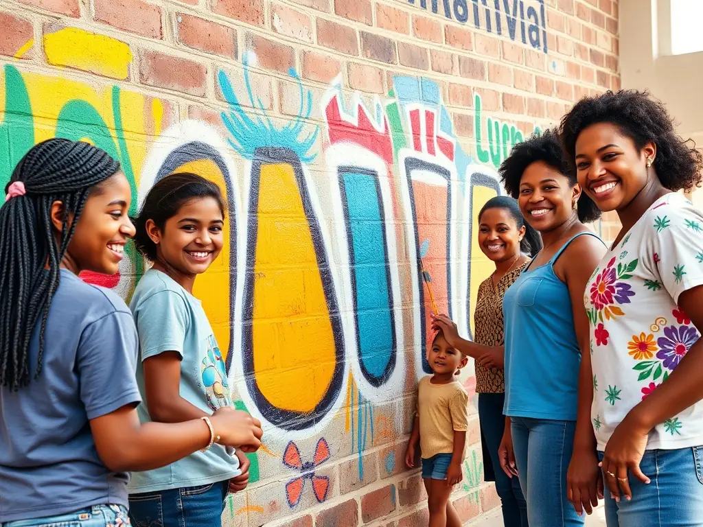A vibrant image depicting participants of all ages engaged in a collaborative mural painting project at a LE JARDIN COSMIQUE community event.