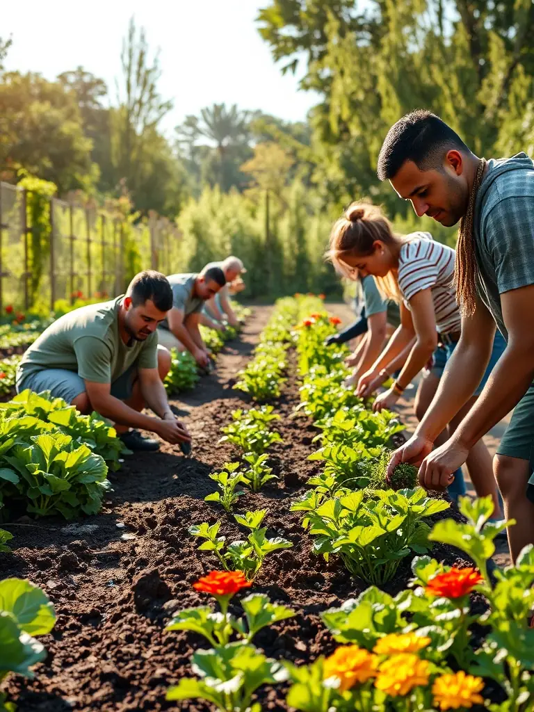A heartwarming picture of volunteers working together on a community garden project supported by LE JARDIN COSMIQUE, highlighting teamwork and environmental stewardship.