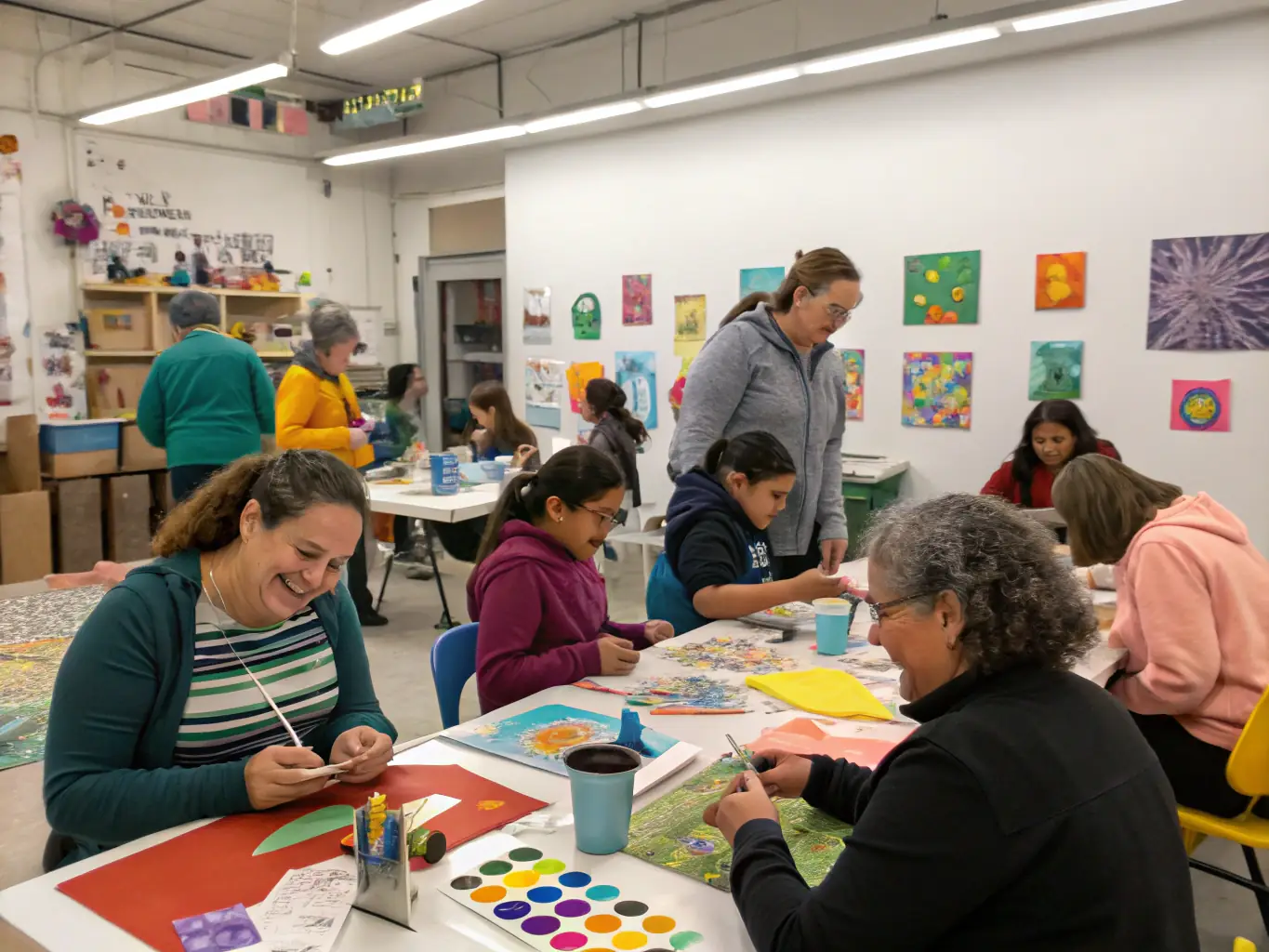 A vibrant image depicting a community art workshop in progress, with participants of all ages engaged in painting and creative activities, reflecting the inclusive nature of LE JARDIN COSMIQUE's programs.