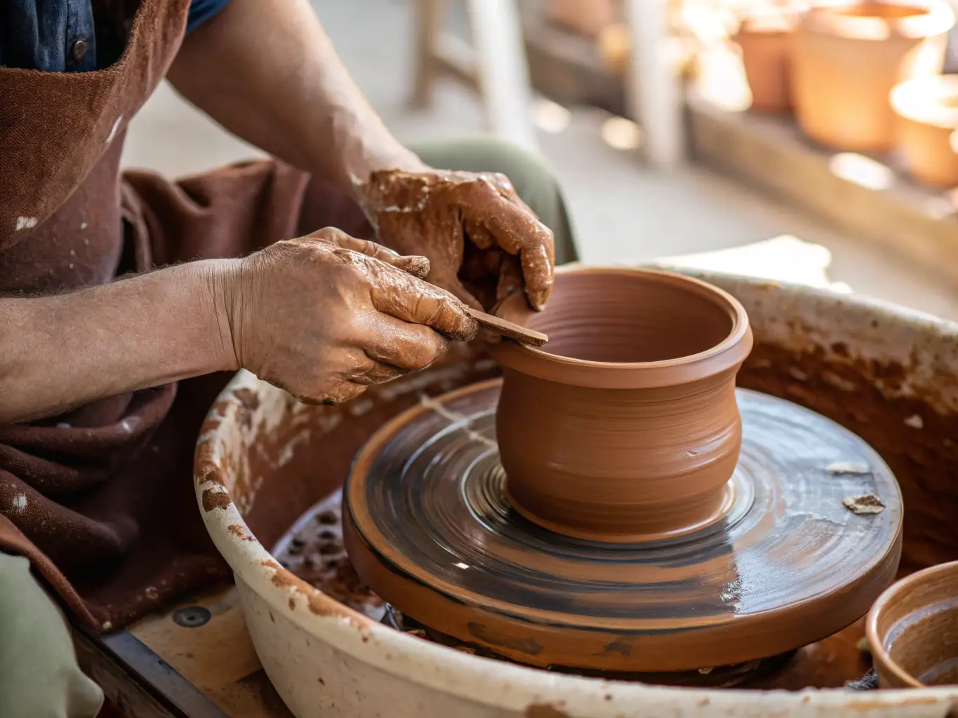 A group of people participating in a pottery workshop, hands covered in clay, creating art.